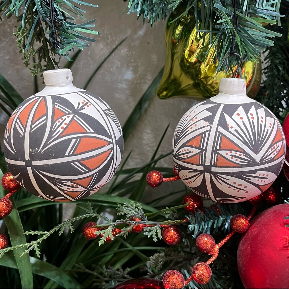 Vintage Signed Native American Pueblo Acoma Christmas Ornament Set Of 2